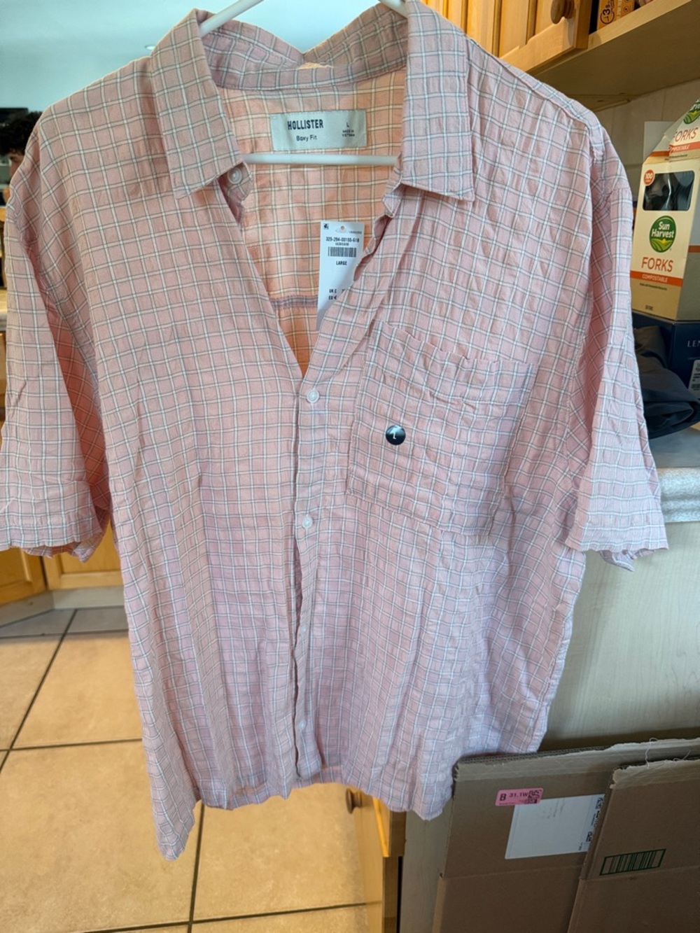 Hollister Men's Light Pink Plaid Short-Sleeve Button-Down Shirt